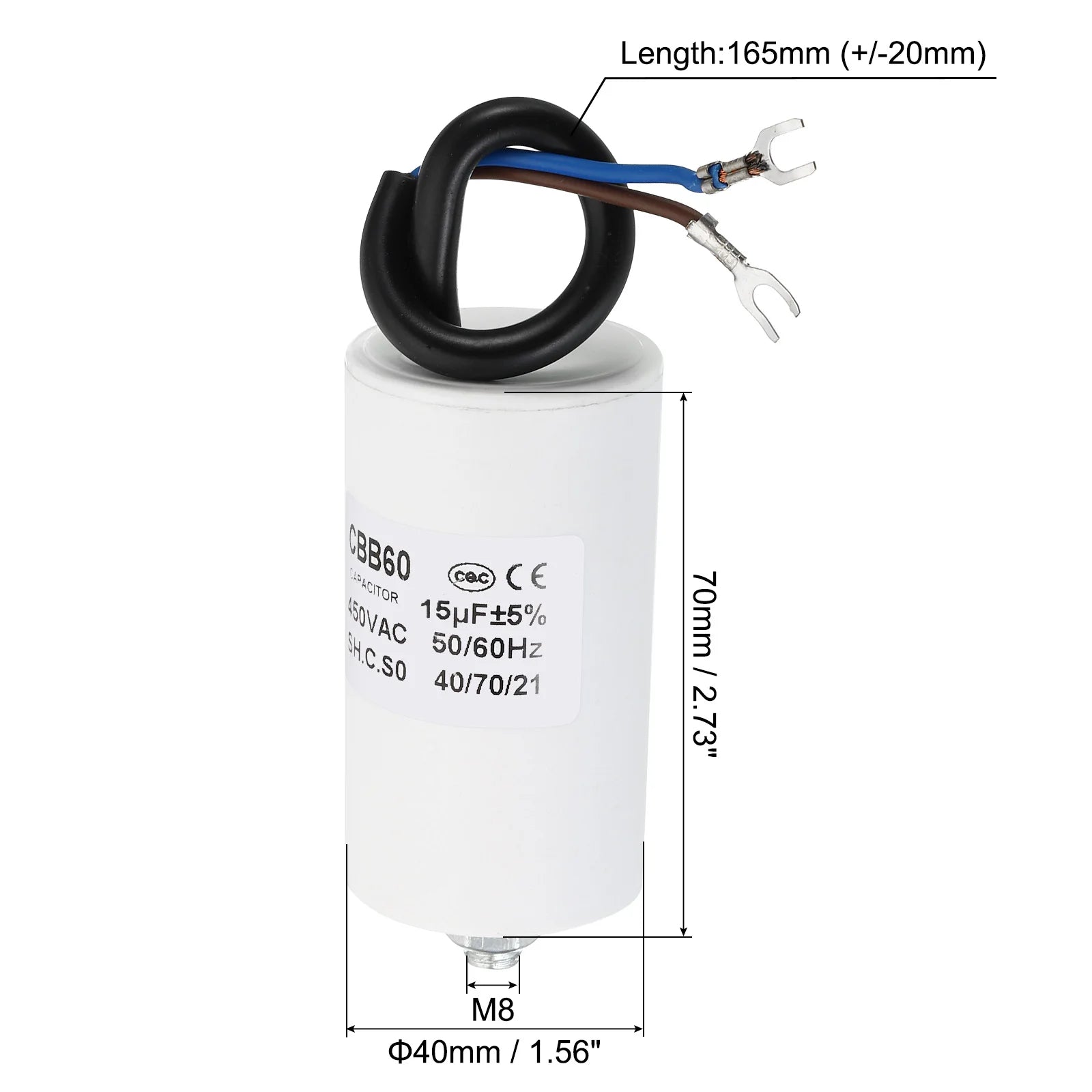 5-22uf CBB60 Run Capacitor AC 450V U Terminal Wires 50/60Hz Cylinder Bottom with M8 Screw for Washing Machine Pump Motor Star