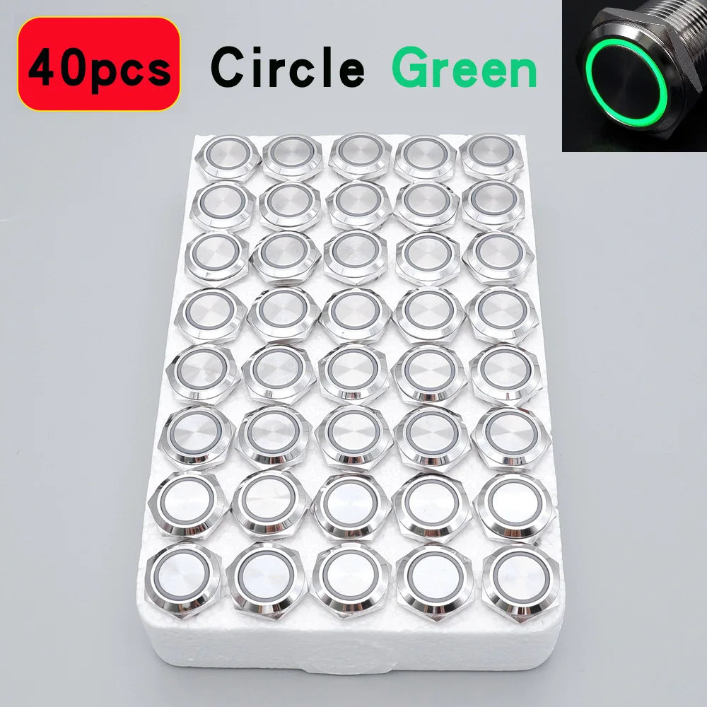 40pcs 16mm 19mm Metal Button Switch PC Power LED Light Waterproof Car Start On Off Momentary Latching 3V 5V 6V 12V 24V 220V Red