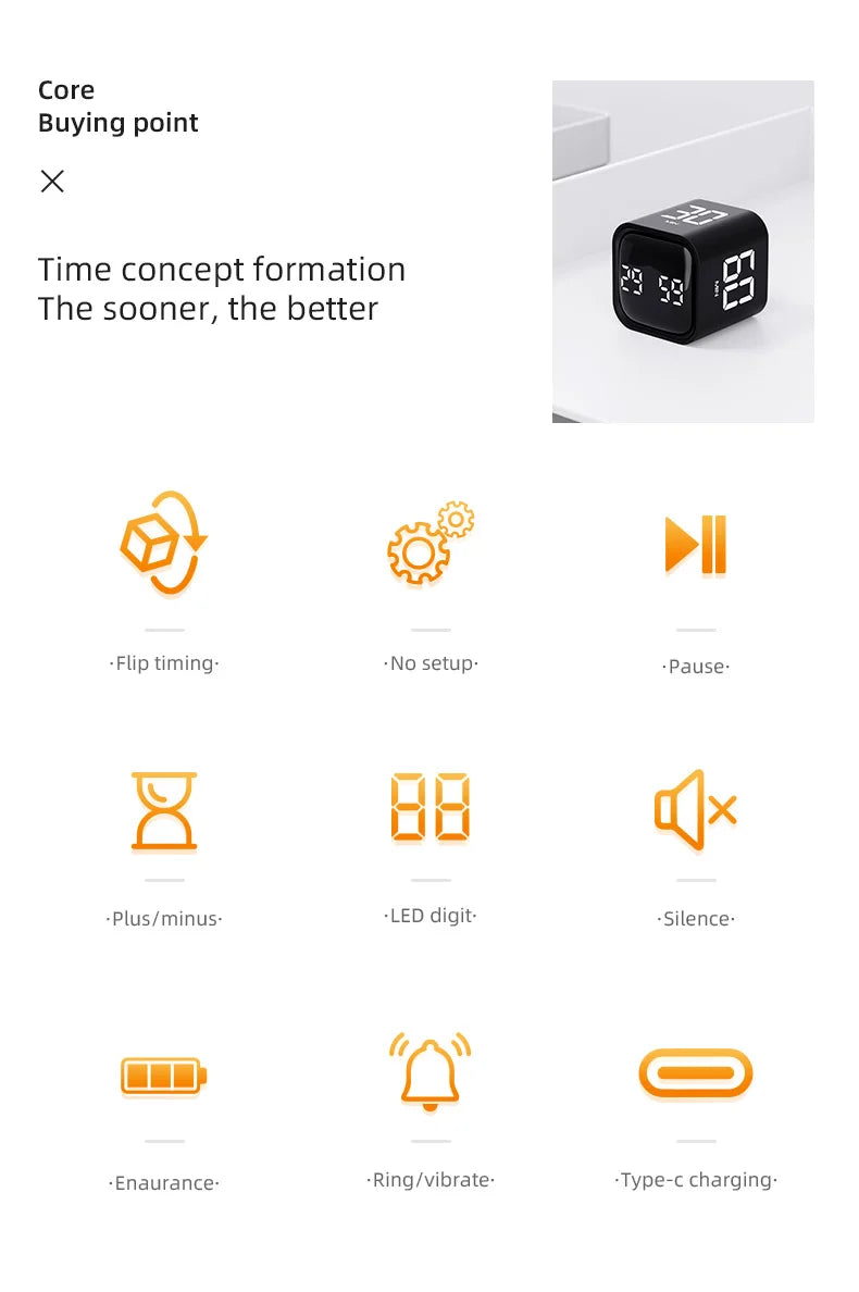 Adjustable Cube Timer - 5/10/30/60 Minute Countdowns, Settings - Pause, Resume, Silent, Vibrate & Sound Alarm for Work, Study