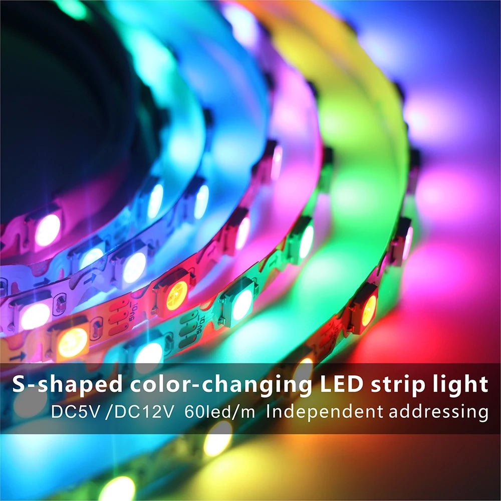 5V 12V WS2812 WS2815 S Shape Foldable Led Strip Light Addressable for DIY 60leds 6mm PCB I Dream Color 5050 RGB Pixels LEDLight