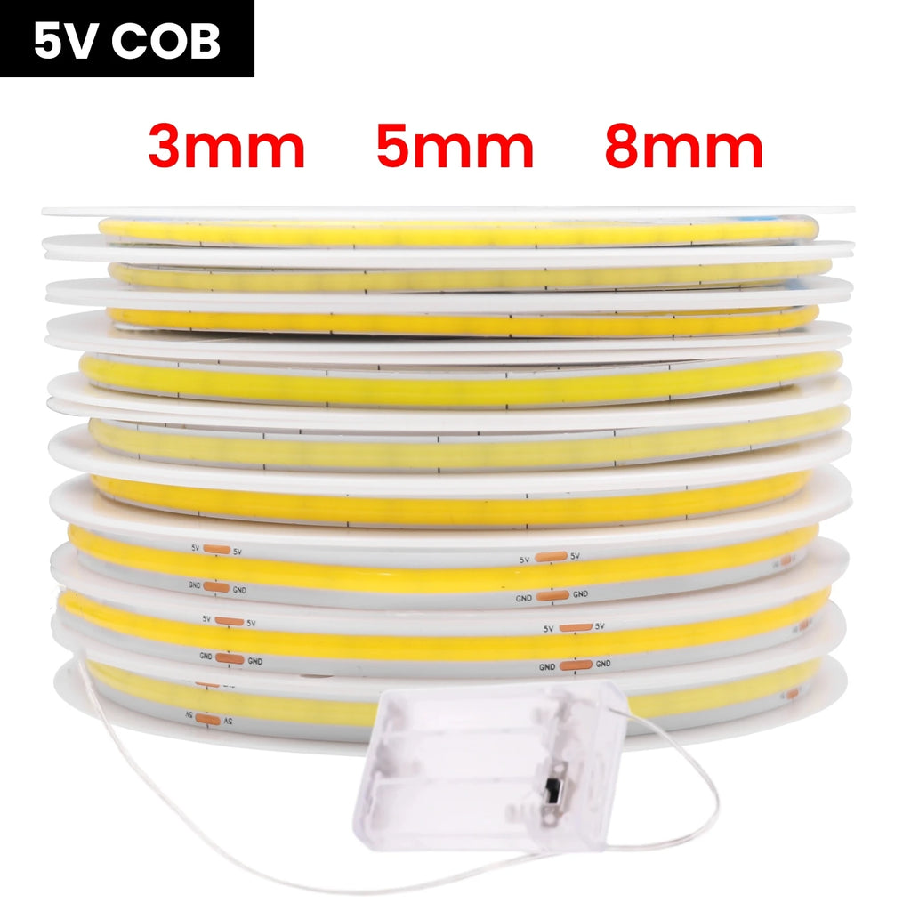 5V COB LED Strip 3mm 5mm 8mm Width 320LEDs/m High Density COB LED Tape AA Battery Powered Linear Lighting White Red Green Blue