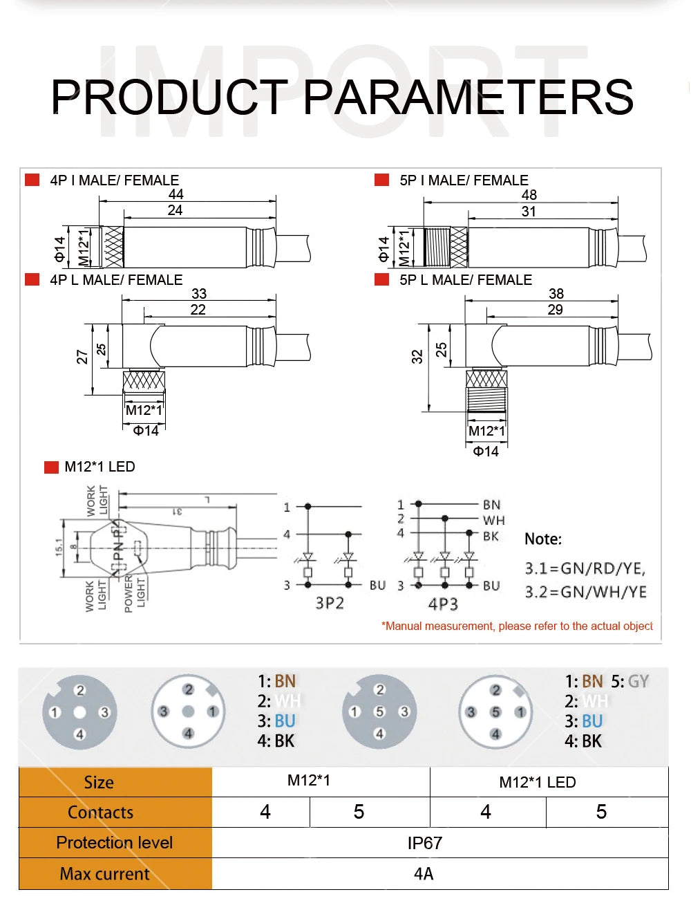 2m Line M12 4 5 Pins PVC LED IP67 Sensor Cable Connector Type A Socket Plug  Waterproof Male&Female Straight Angle Flange
