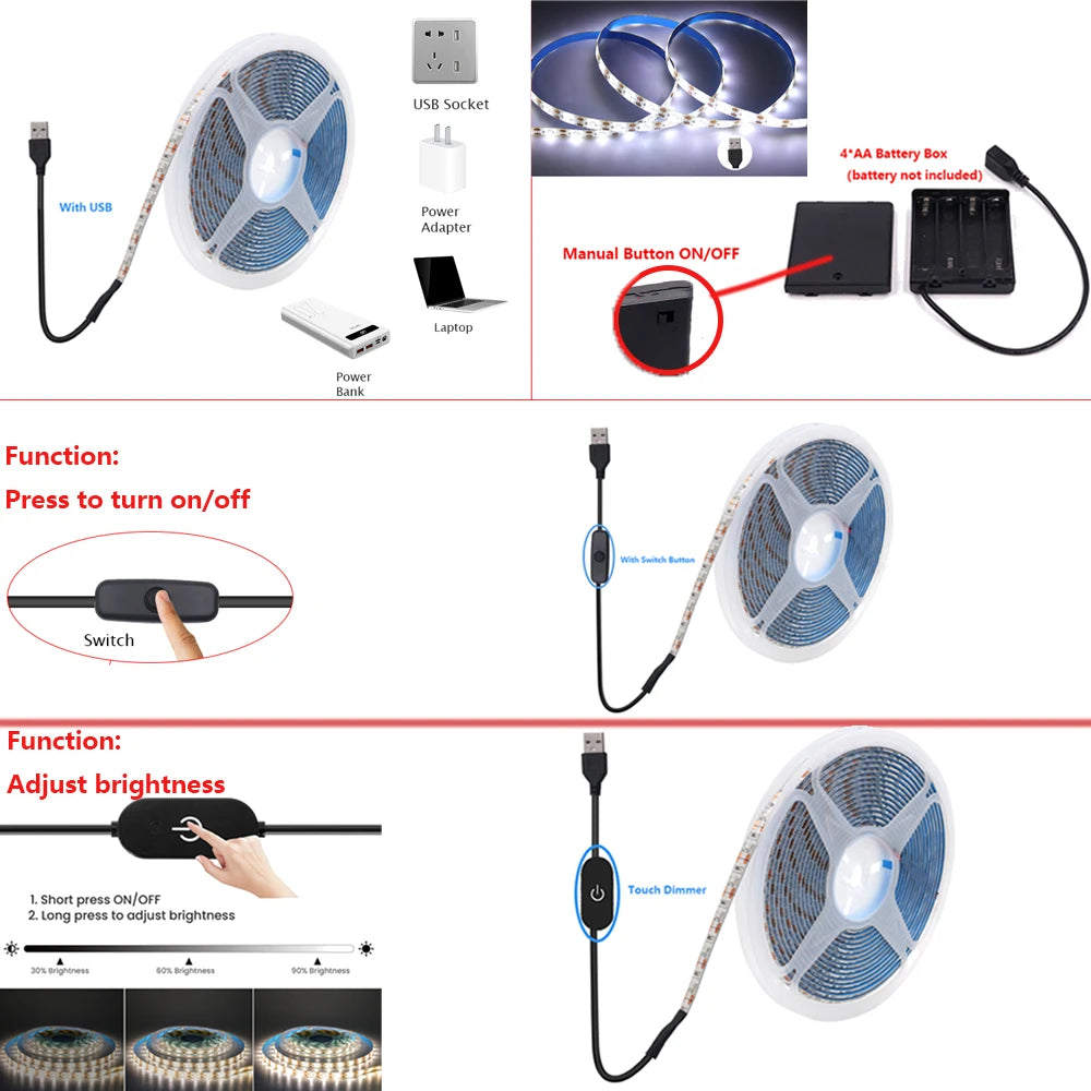 5V USB LED Strip Light 2835 Dimmable Touch Switch 60Led Backlight TV Flexible Tape Under Cabinet Light Night Lamp Warm White Red
