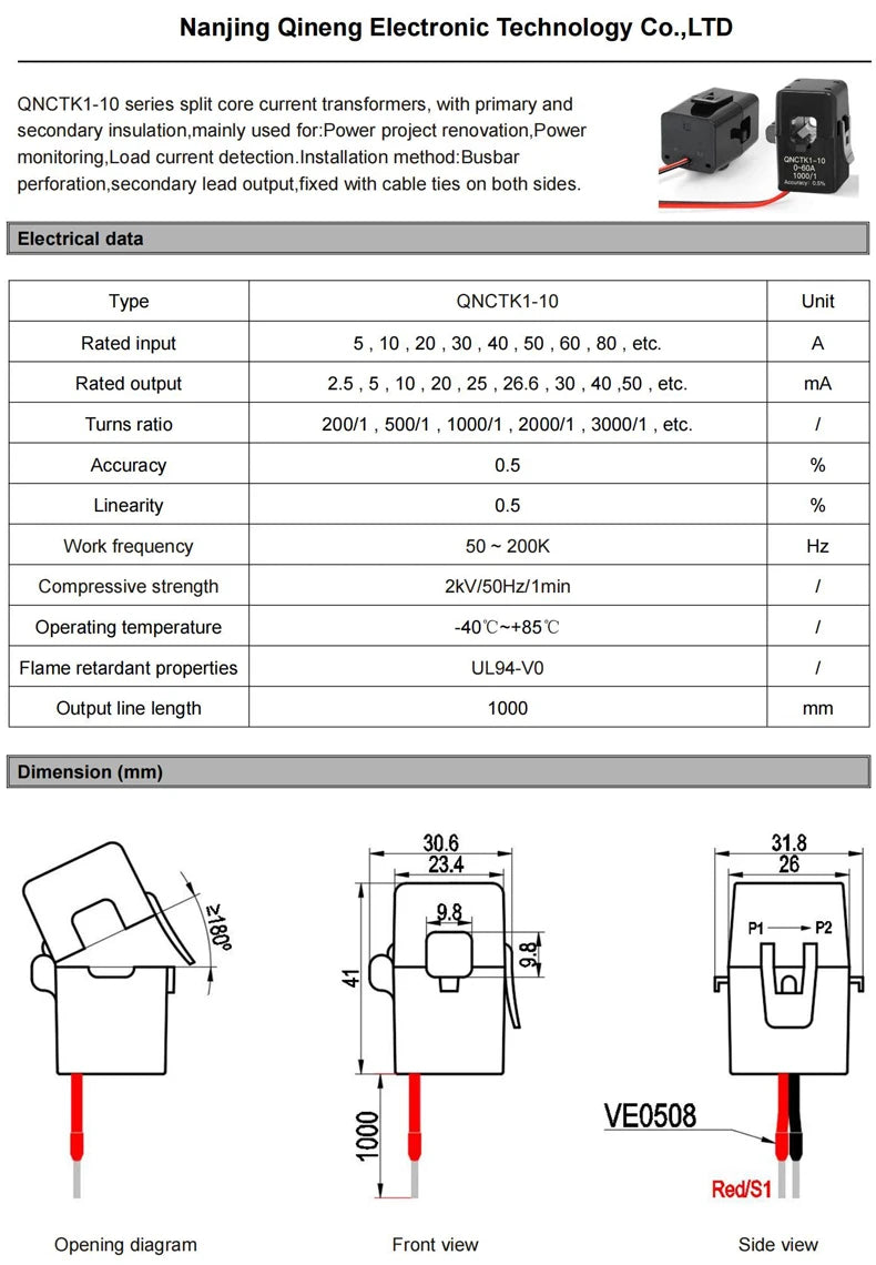 Split Core Current Transformer CT QNCTK1-10 5A 5mA 5A 2.5mA 2000 1 1000 QNCTK1-16 100A 50mA 100A 40mA Clamp Current Sensor