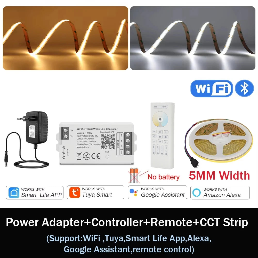 1-10M CCT 2700K-6500K Dimmable LED Strip 5mm 10mm COB LED Strip Light CCT Strip Tuya WiFi Controller Linear LED Tape With Dimmer
