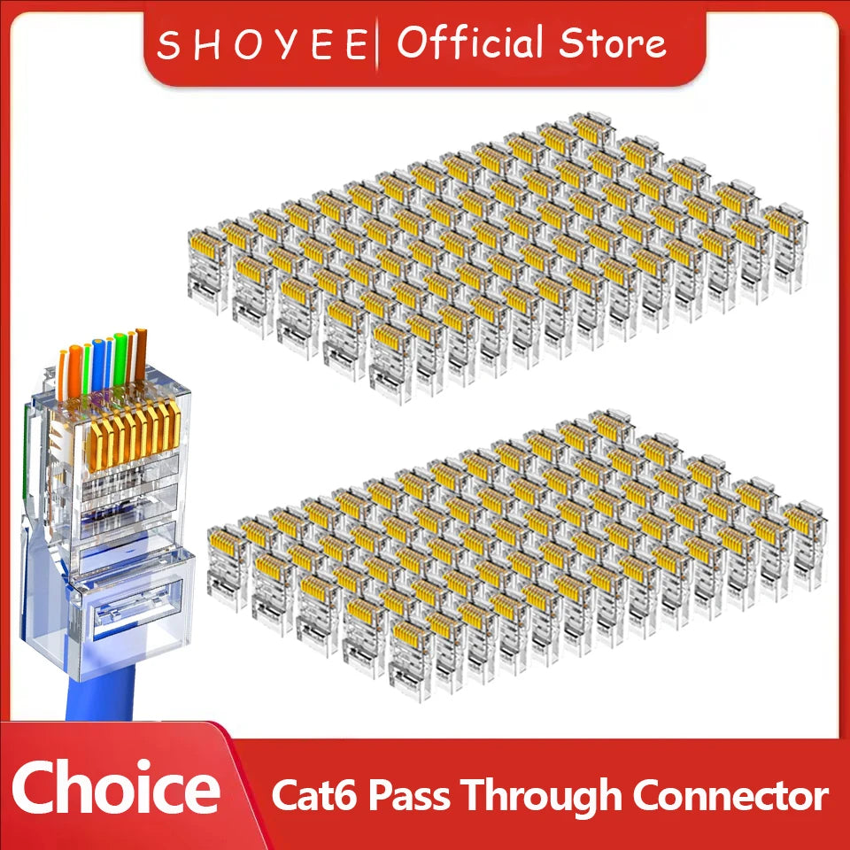 RJ45 Connector CAT6 Pass Through Connectors Crystal End Gold-Plated 8P8C Crimp UTP Standard Ethernet Network Modular Plug