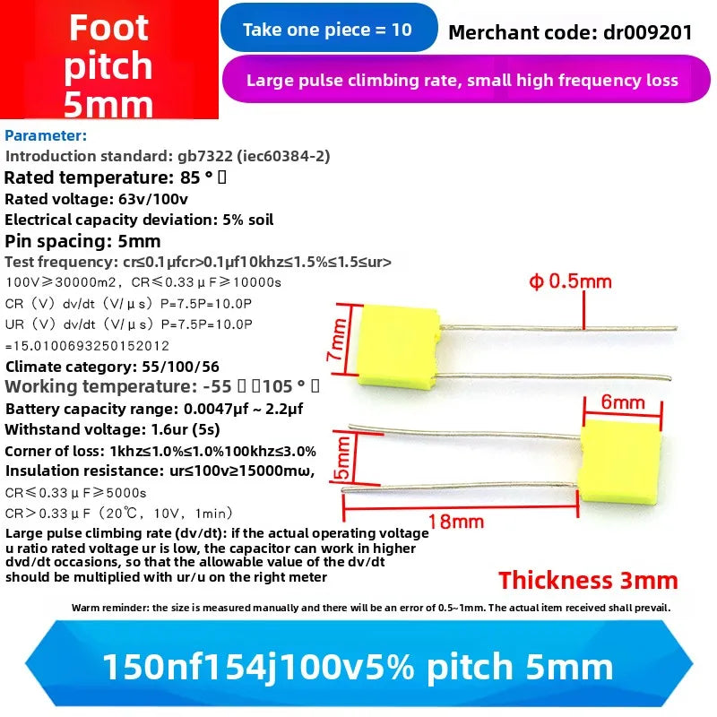 10PCS 100V Correction Capacitor Polypropylene Safety Plastic Film 100V 1nF ~ 470nF 100nf 220nf 10nf 47nf 22nf 1nf 0.47uf 0.1uf