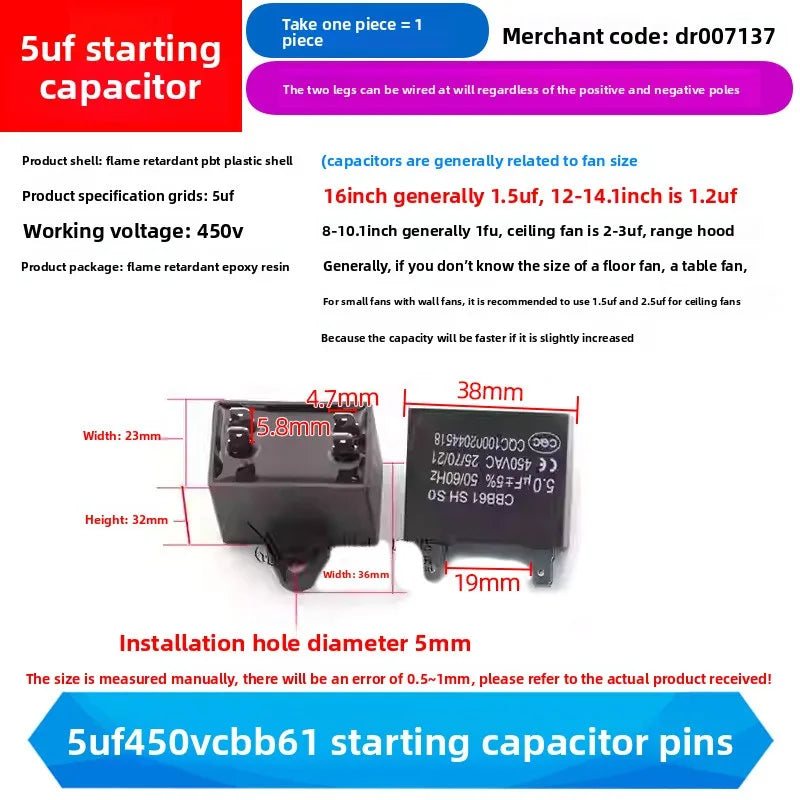 CBB61 Fan Air Conditioner Starting Capacitor 450V 1/1.2/1.5/2/2.5/3/3.5/4/4.5/5/6/7/8/10/12UF Ceiling Fan Hood Motor Capacitor