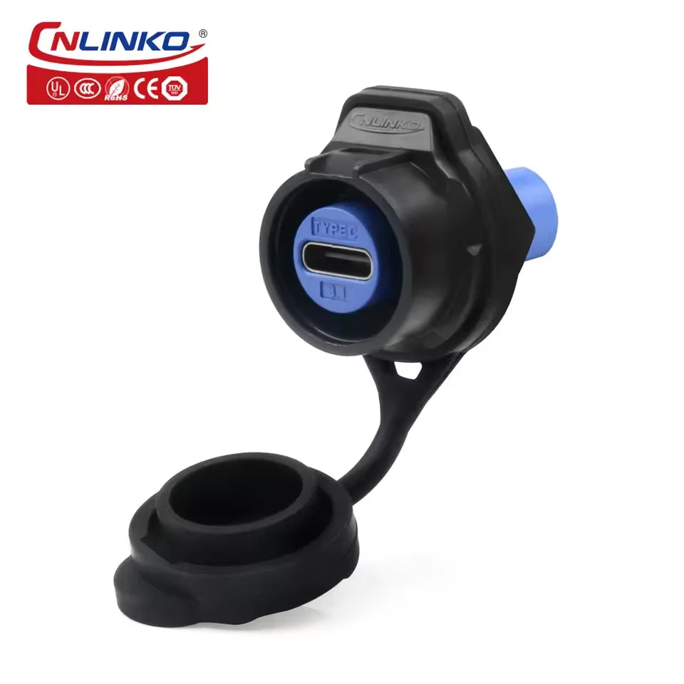 Cnlinko LP16 Waterproof Type-C 3A Female Socket Jacks Panel Mount USB C Connector for Fast Charging Data Transfer 10Gbps