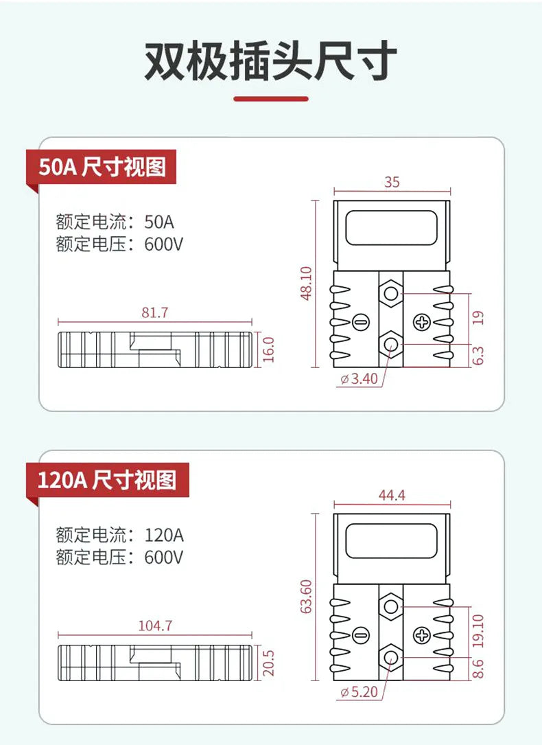 Anderson 50A 120A 175A 350A 600V Battery Power Connector Plug Kit with Cable for Forklift Charging