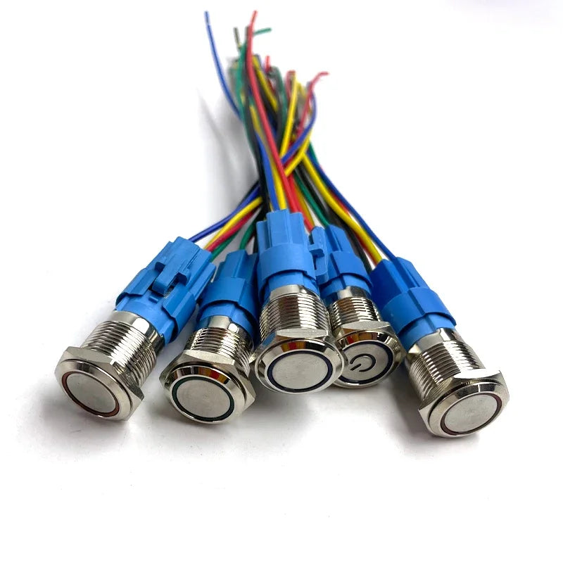 5 pcs Metal Push Button Switch 12v 16mm 19mm 22mm Ring Lamp Power Symbol Waterproof LED Light Self Lock Reset with Connector 220