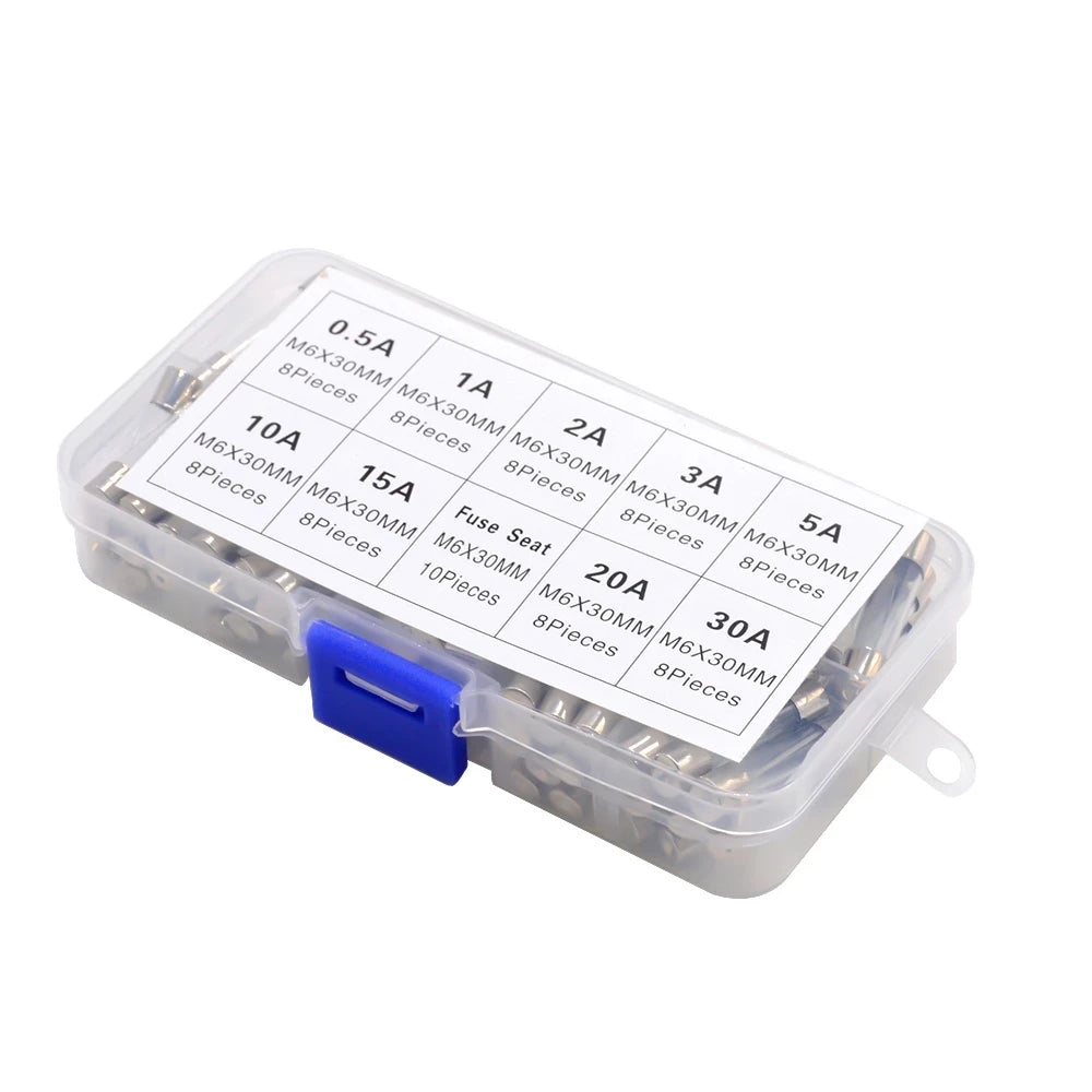 100/72pcs Car Fast-blow Glass Fuses Car Glass Tube Fuses 0.2-20A 0.5-30A Assorted Kit for Car Light Inflator Vacuum Cleaner