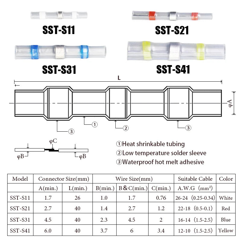 10/100/200pcs Waterproof Wire Terminals Insulation Heating Shrink Tubing Cable Connectors Solder Seal Tubes for Car Wires