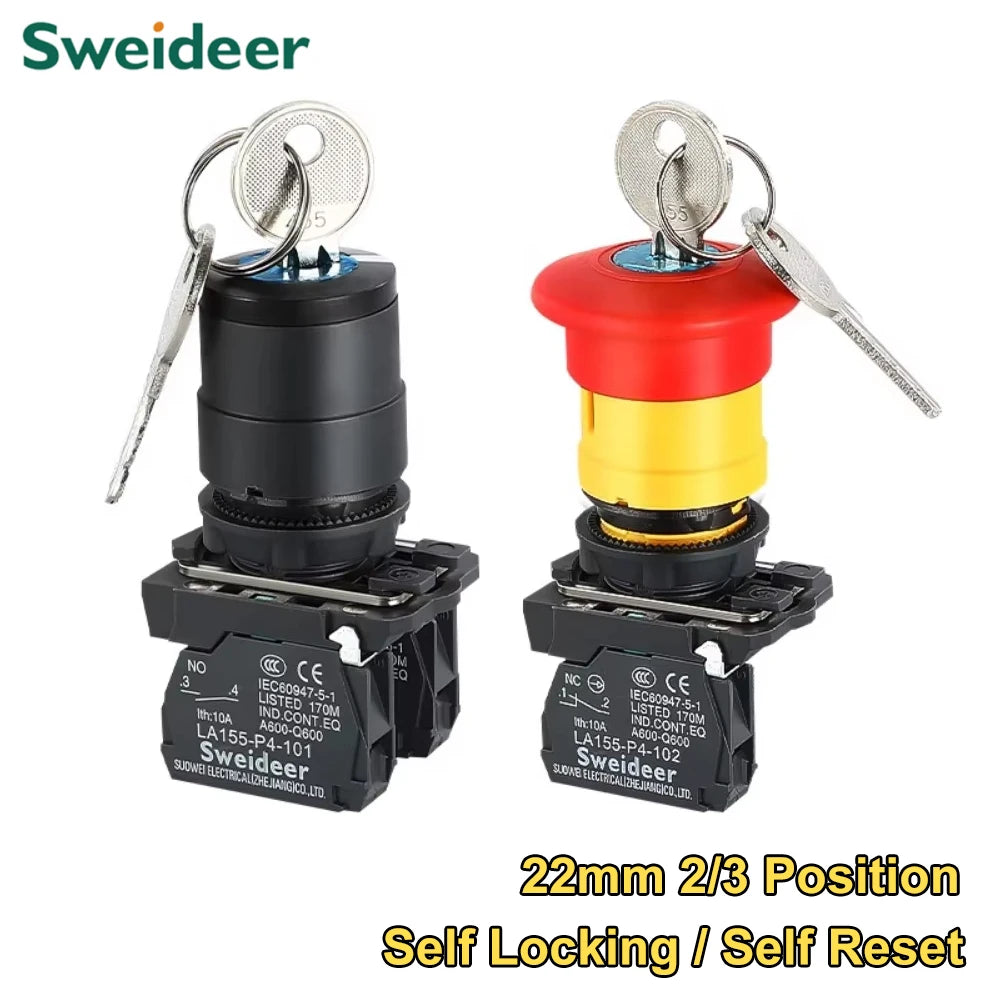 XB4 Key Select Knob Switch 22mm 2/3 Position Self Locking Momentary Self Reset Key Emergency Stop Power Push Button Switch 10A
