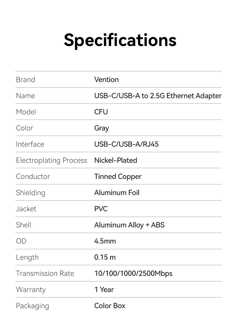 Vention USB A C 2.5G Ethernet Adapter USB 3.0 2500/1000 Mbps Network Card for MacBook iPad USB Lan RJ45 for PC Windows Laptop