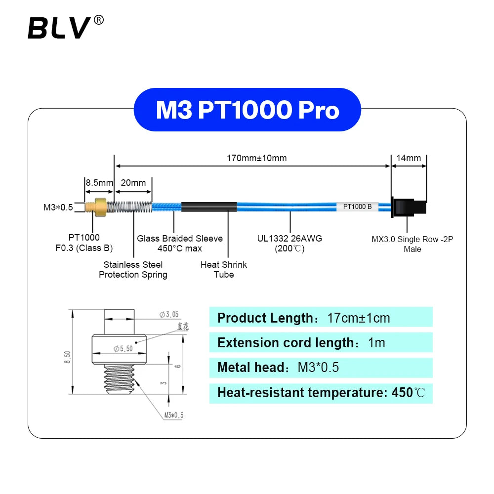 BLV® PT1000 Thermistor M3 M4 Bear 3x15mm PT1000 Pro High Temperature Resistance 450℃ For Rapido Hotend Dragon Hotend