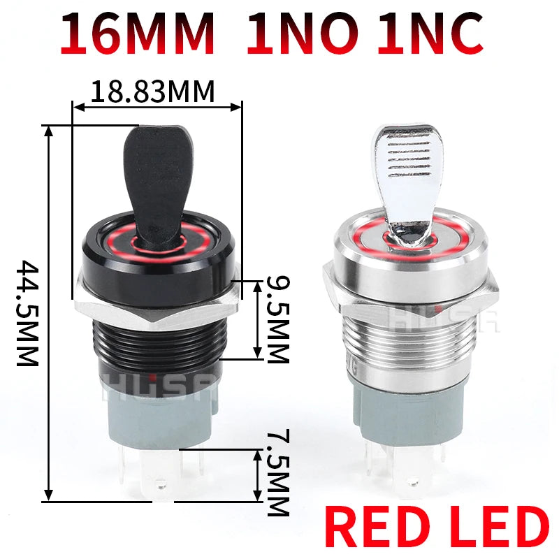 16MM  Self-locking ON-OFF Slide Power High Current Metal Toggle Switch Waterproof Push Button 2 Positions 1NO1NC Illuminated Led