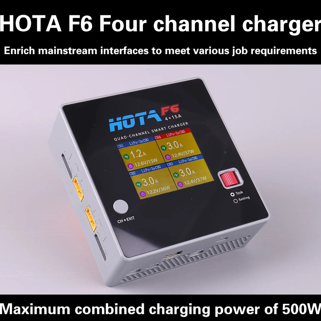 HOTA F6 QUAD-CHANNEL SMART Charger DC1000W 4*15A for Lipo LiIon NiMH Lipo Battery Balance Charger Discharger with USB 45W Type-C