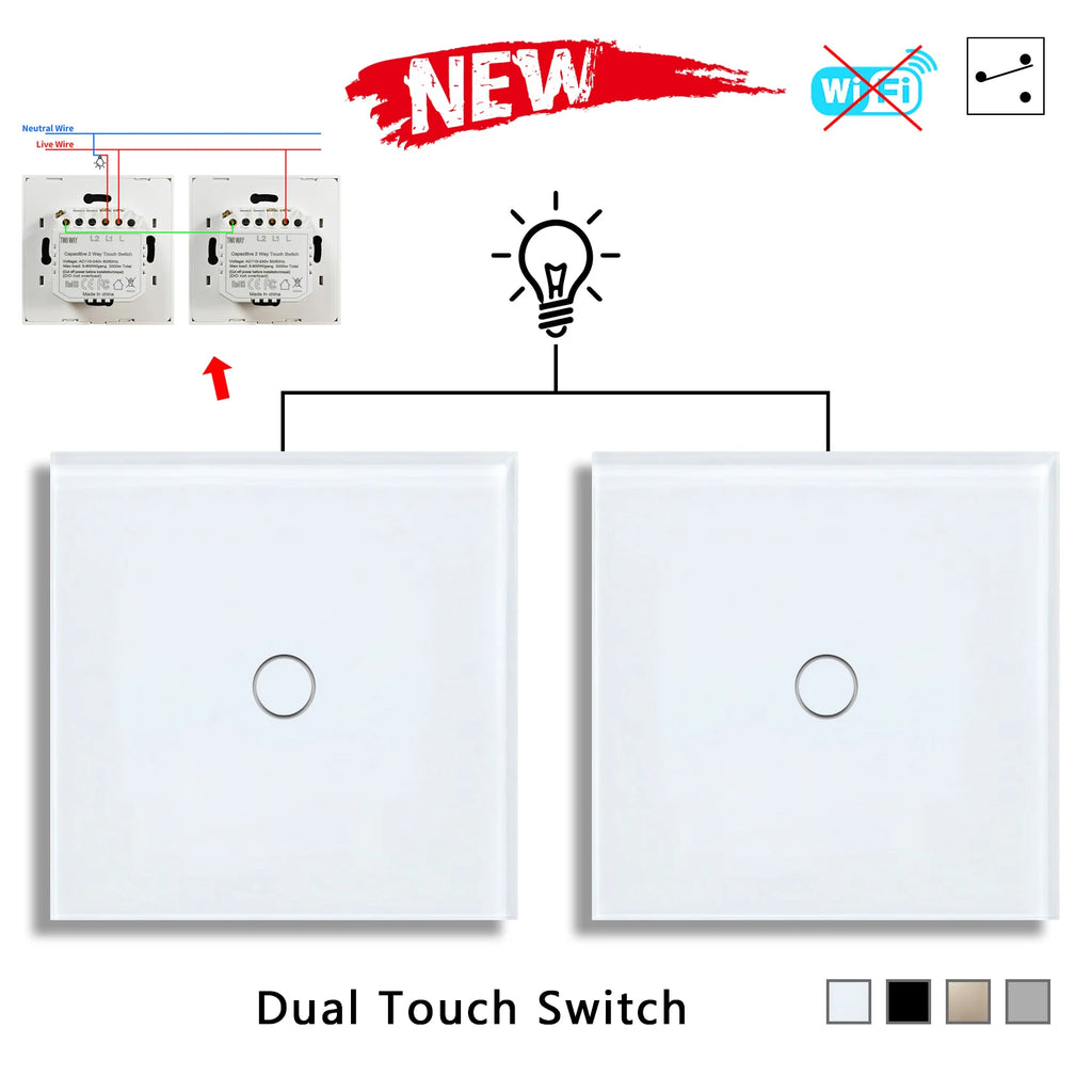 NYWP EU 86*86mm 1Gang 2Way Dual Touch Switch Tempered Glass Panel Stair Switch Bedroom Sensor Switches Cross No Need WI-FI
