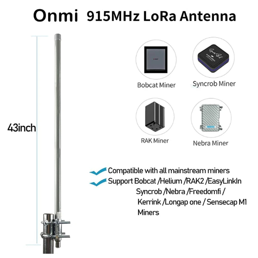 915MHz & 868MHz,12dbi High-Gain LoRa & GSM Antenna for Hotspots & Miners,N-Female Connector,43inch Length,with 32ft RP-SMA Cable