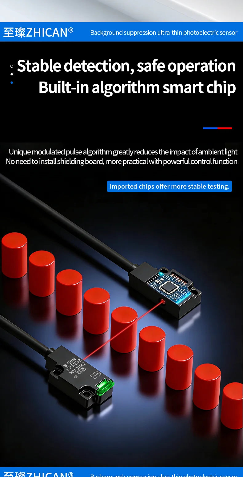 ZHICAN ZC3T Miniature Flat Photoelectric Sensor Front Side View Through Beam Diffuse Reflective