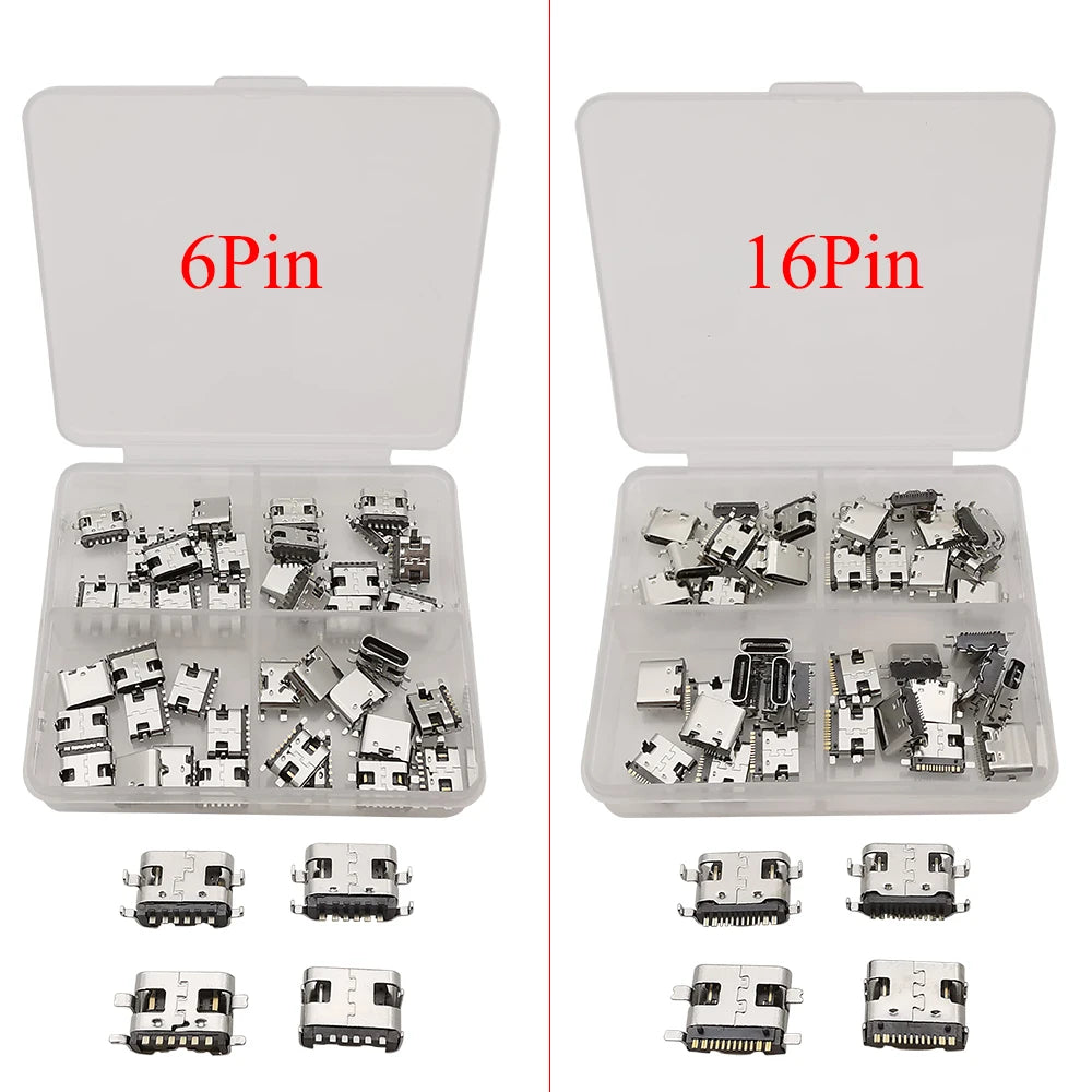 40Pcs Type C USB Connector Female Charging Port Jack 6/16Pin Type-C Socket PCB Soldering SMD SMT DIY Repair Type C Adapter