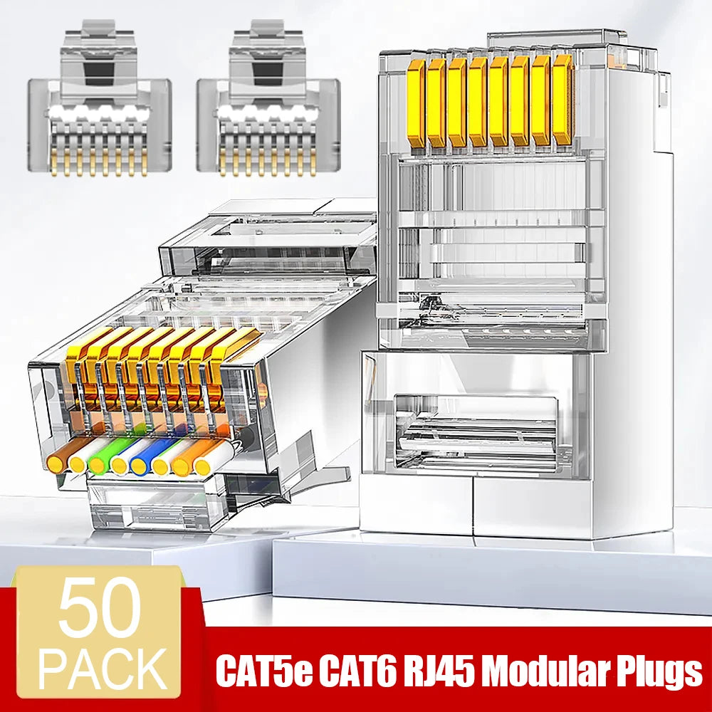 50/1PCS RJ45 CAT6 CAT5e Connector Transparent Ethernet End Network Unshielded Perforated Crystal Head Network Cable Connectors