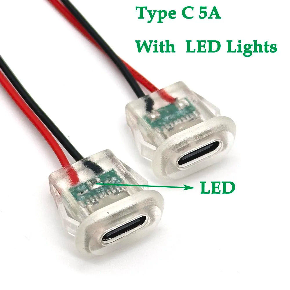 1/10pc USB Type C Input Type Charging Socket With LED Lights Plate 2pin Waterproof USB-C Power Port TYPE-C Female Connector Jack