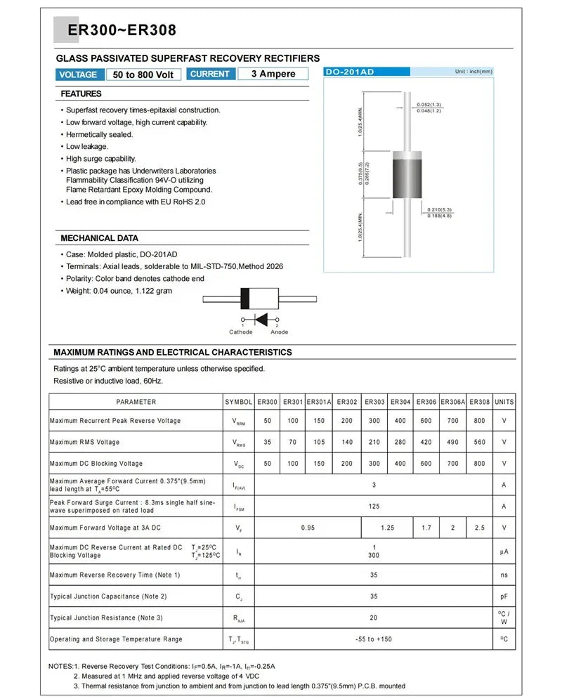 20PCS ER202 ER204 ER206 ER302 ER304 ER306 ER502 ER504 ER506 2A 3A 5A 200V 400V 600V Super Fast Recovery Rectifier Diode