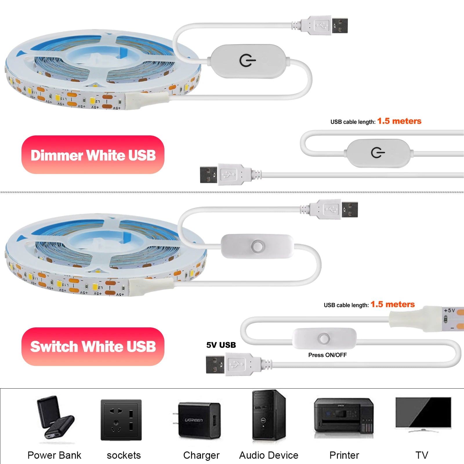 5V LED Strip Light USB Dimmer/Switch White Warm Blue Waterproof Adhesive Tape 2835 60LEDs Cabinet Room Night Lighting 1M 3M 5M