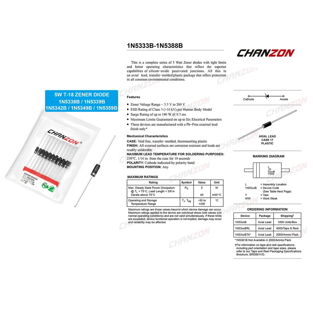 20pcs/Pack 1N5338B 1N5339B 1N5342B 1N5349B 1N5359B Power Zener Diode 5W 5.1V 5.6V 6.8V 12V 24V T-18 CASE17-02 Axial 5 W Watt