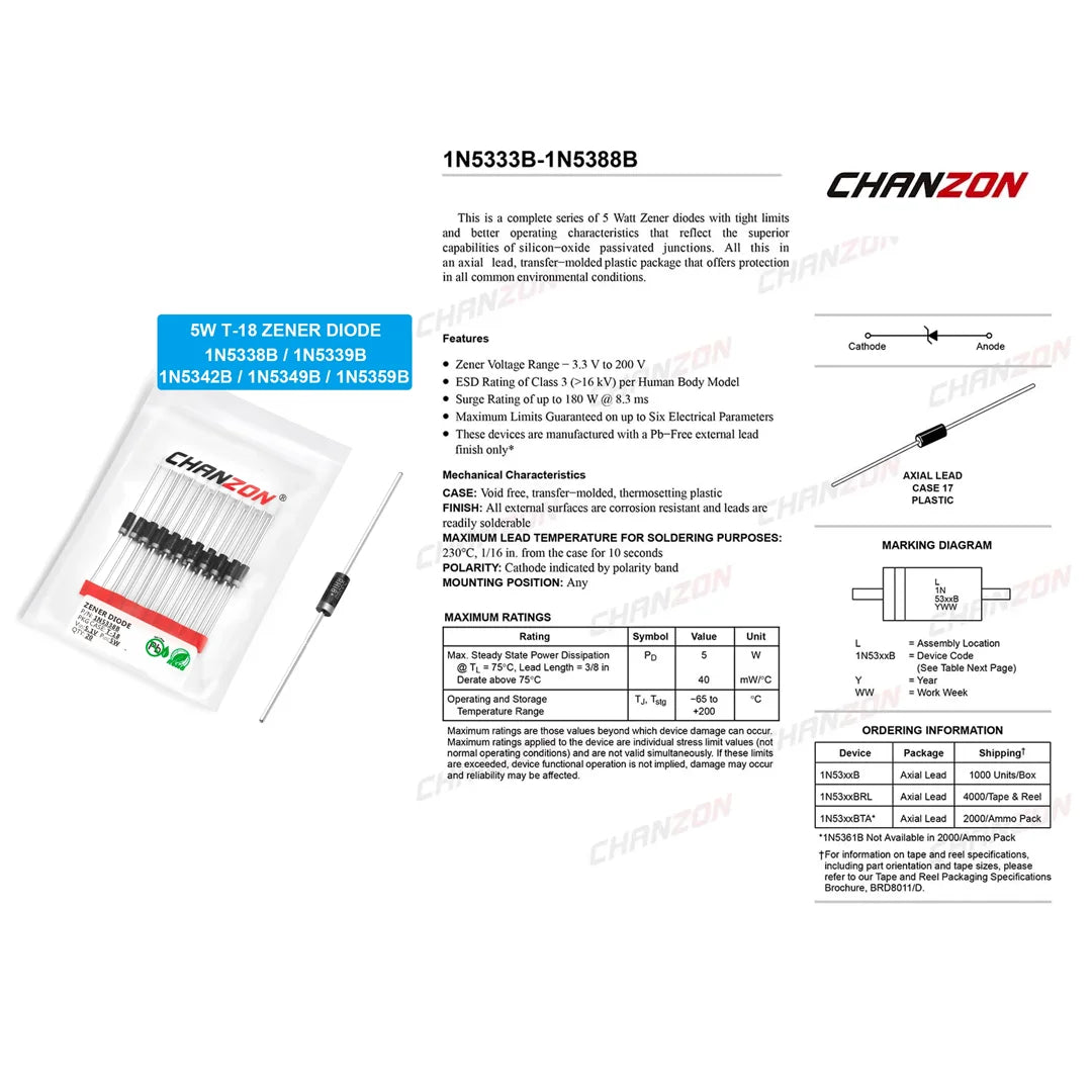 20pcs/Pack 1N5338B 1N5339B 1N5342B 1N5349B 1N5359B Power Zener Diode 5W 5.1V 5.6V 6.8V 12V 24V T-18 CASE17-02 Axial 5 W Watt