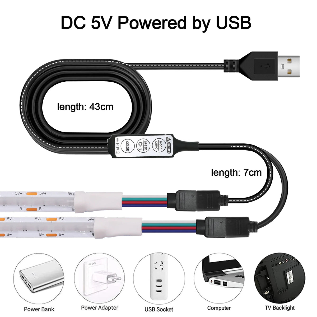 5V RGB COB LED Strip 576LEDs/m Bluetooh App IR Remote Control USB RGB LED Strip Flexible Tape for TV Backlight Room Decoration