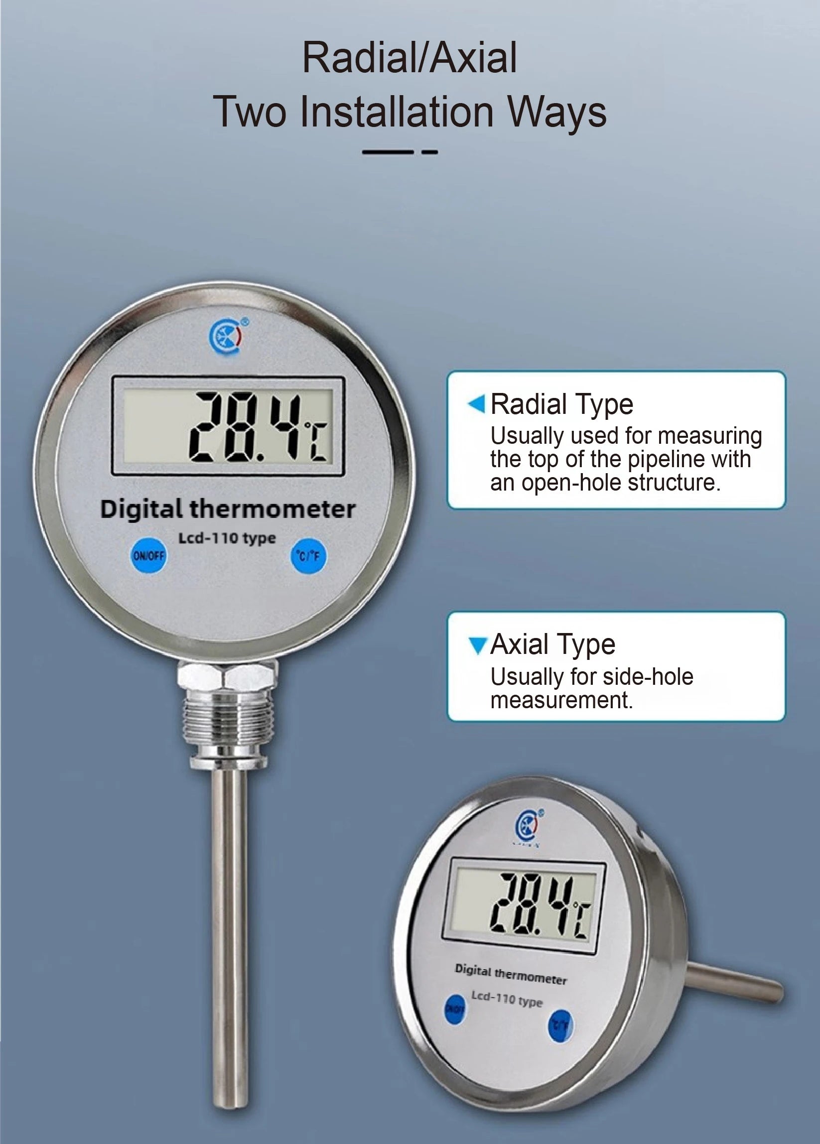 Digital Bimetal Thermometer LCD‑110 Stainless Steel Probe High Precision Water Temp Gauge Axial/Radial Mount IP65