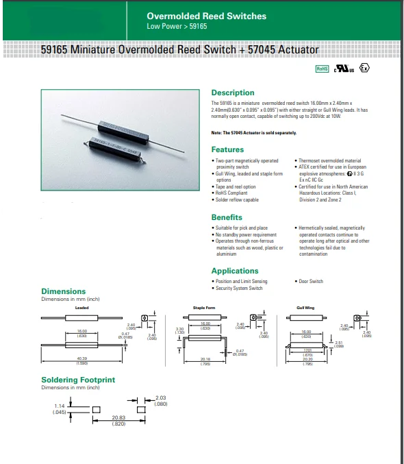 10pcs 59165-1-S-00-D SMD Hall Sensor Miniature Composite Mold Reed Switch 591651S00D