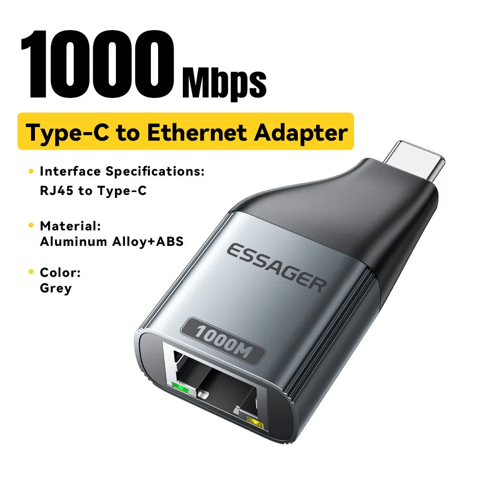 Essager Ethernet Adapter 1000/100Mbps RJ45 To Type C Connector Extender Extension for PC Tablet Laptop Projector Gigabit Adapter
