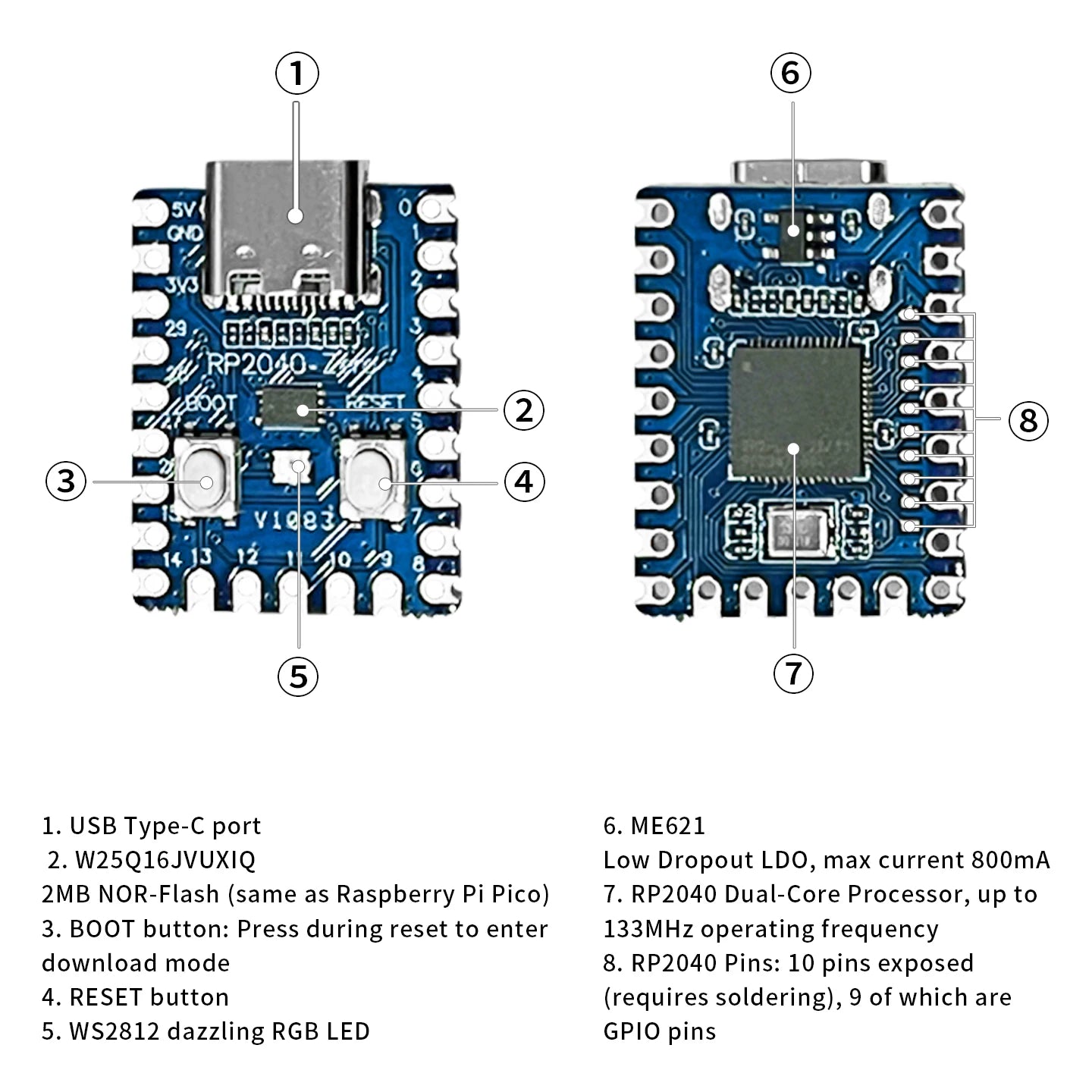 1-10PCS RP2040-Zero RP2040 for Raspberry Pi Microcontroller PICO Development Board Dual-core Cortex M0+ Processor 2MB Flash XCW