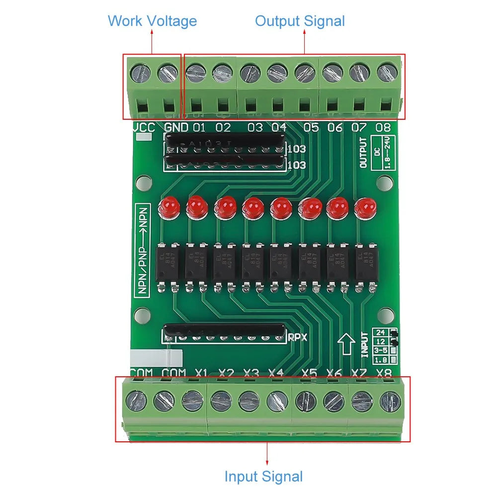 8 Channel Optocoupler Isolation Module Signal Voltage Converter PNP NPN Low High Level Output AC 110V 220V DC 3.3V 5V 12V 24V