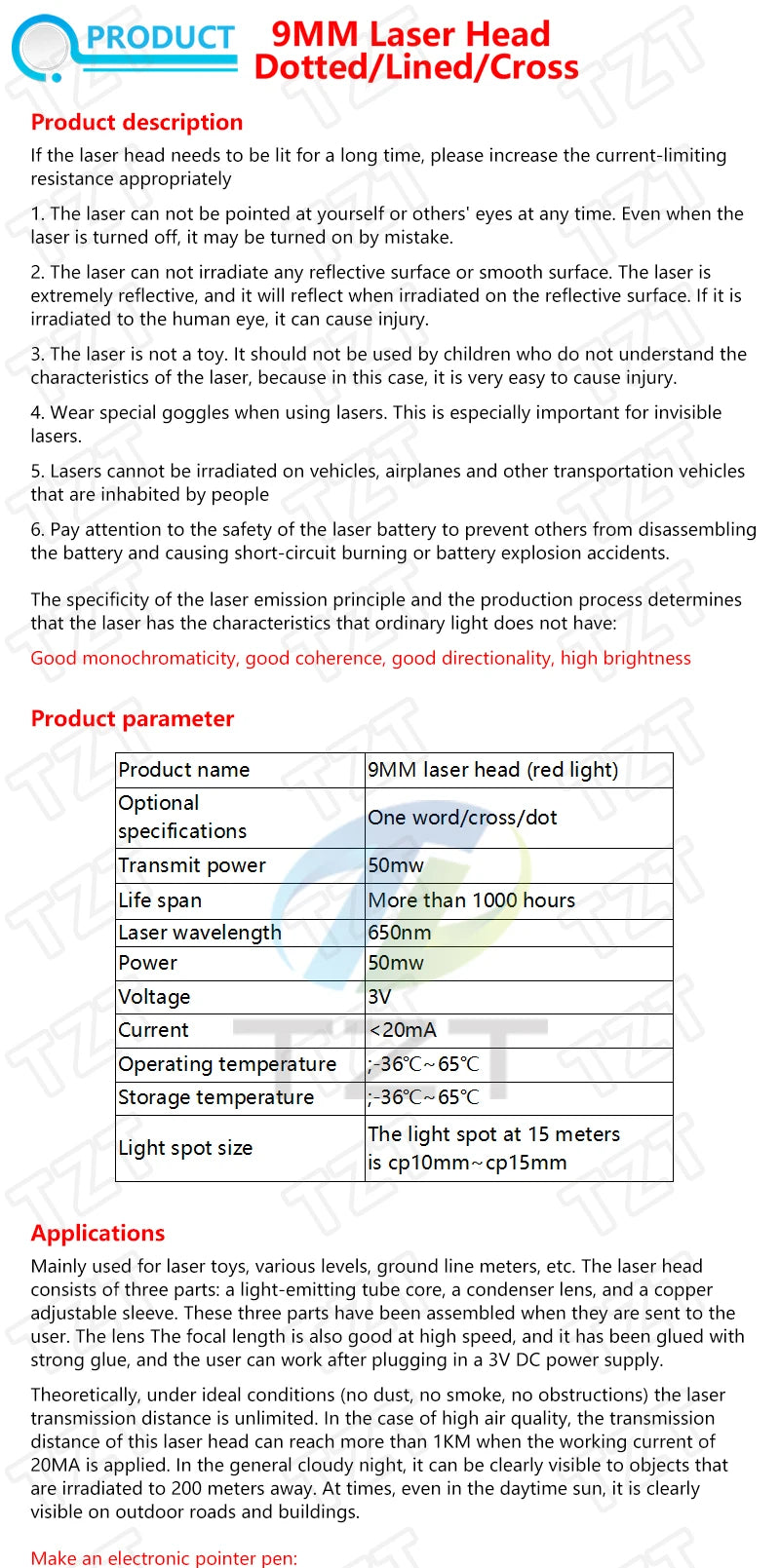 TZT 650nm 5mW 6MM 9MM 12MM Red Point / Line / Cross Laser Module Head Glass Lens Focusable Focus Adjustable Laser Head