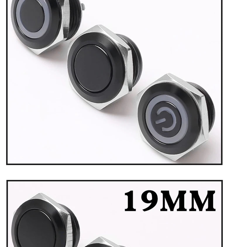 12/16/19/22mm Short Stroke Oxide Blcak Shell Metal Button Switch Waterproof Flat Head With Power LED Light Momentary 1NO 6V 24V
