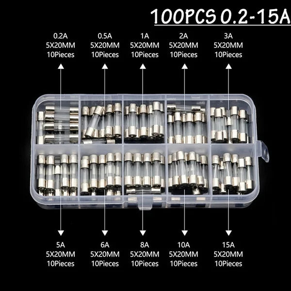 100Pcs  Fast-blow Glass Tube Fuses 5*20 Household Fuses Car Glass Tube Fuses Assorted Kit 5X20 with Box Fusiveis 0.1A-30A