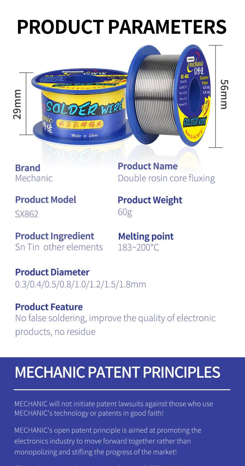 MECHANIC SX-862 60g Double Hole Rosin Core Solder Wire 183℃ Melting Point Solder Flux 1-3% No-residue High Purity Welding Cable