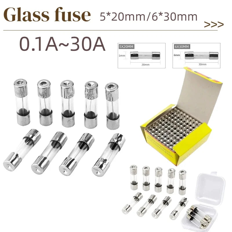 30/50/100Pcs 5*20mm 6*30mm Fast Blow Glass Tube Fuses 5x20 6x30 250V 0.1A 0.5 1 2 3A 3.15 4 5A 6 7 8 10 12 15 20 25 30A AMP Fuse
