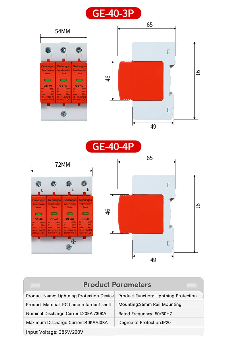 House Lightning Surge Protector AC SPD 1P 2P 3P 4P 40KA 60KA 220V 385V AC Protective Low-voltage Arrester Device ﻿