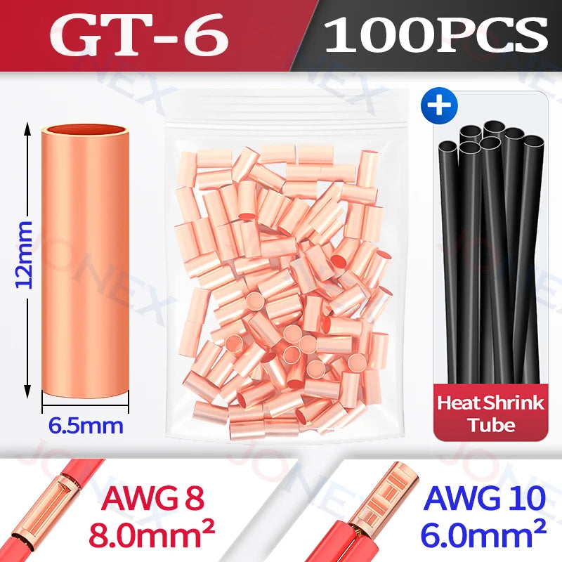 100PCS GT Copper Terminal Connectors Electrical Wire Cable Crimp Connecting Tubular Ferrules or for Lugs Have Heat Shrink Tubing