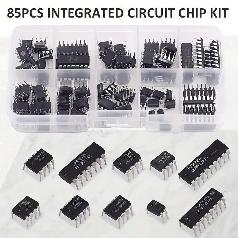 85Pcs Integrated Circuit Chip Kit 10 Value IC Chip NE555 LM324 LM393 UA741 ULN2803 LM358 LM386 NE5532 ULN2003 PC817