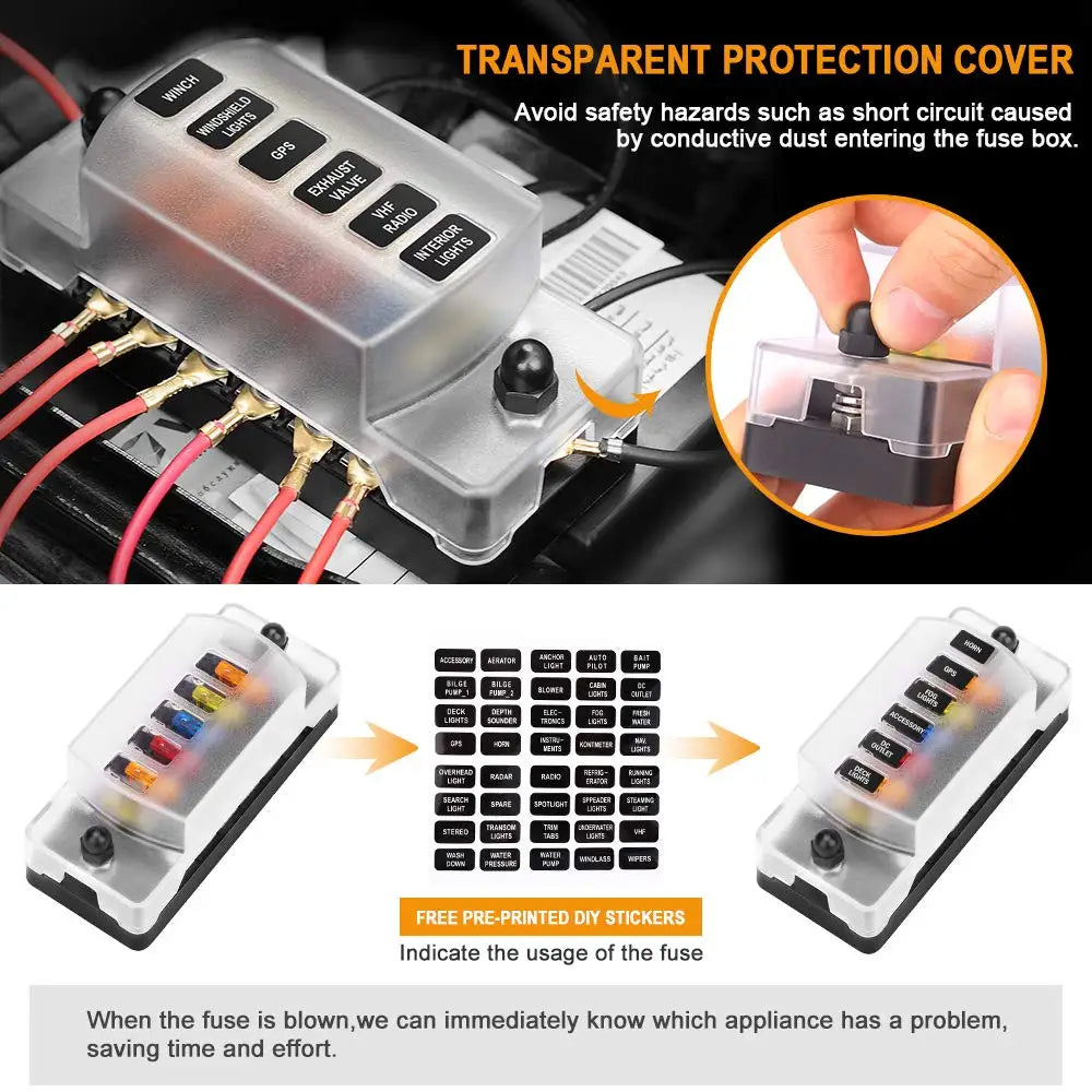 6 Ways Blade Fuse Block With Cover 6 Circuit Fuse Holder Fuse Block w/Negative Bus12-24V Car Boat Fuse Box Holder