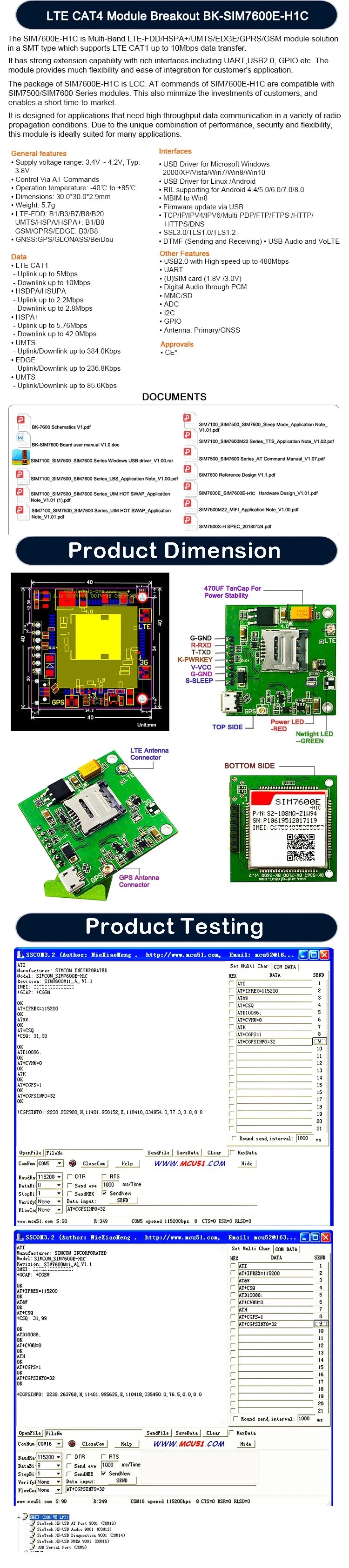 VoltSSIM7600E-H LTE Cat4 Module Breakout Board Low Cost SIM7600E Core Board LTE-FDD B1 B3 B7 B8 B20