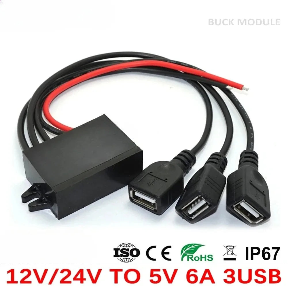 Car Power Converters 12V 24V to 5V 6A 30W Power Adapter DC Step Down Buck Power Converter with Triple USB Output for Car Phone C