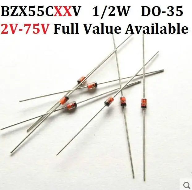 100pcs 1/2W Zener Diode DO-35  BZX55C15V 16V 18V 20V 22V 24V 27V 30V 33V 36V 39V 43V 47V 51V 56V 62V 68V 75V . BZX55C/18/20/22/V